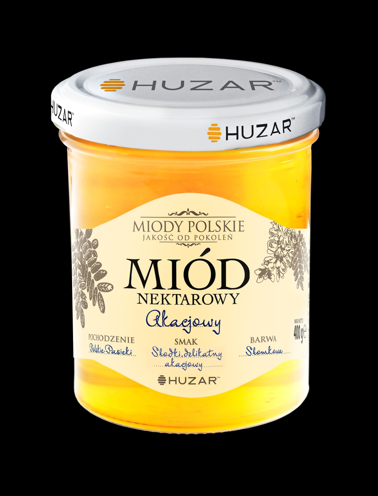 Słoik nektarowego miodu akacjowego od polskiego producenta, z widocznym logo marki i informacjami o smaku oraz pochodzeniu.