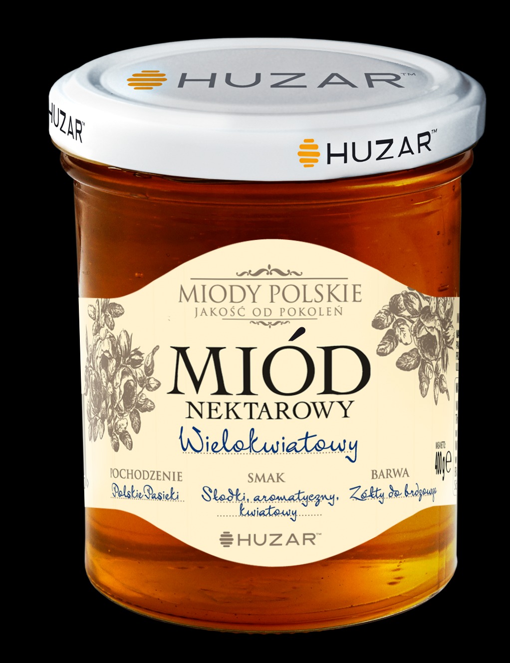Słoik nektarowego miodu wielokwiatowego marki Huzar na czarnym tle, z widoczną etykietą opisującą pochodzenie, smak i barwę.