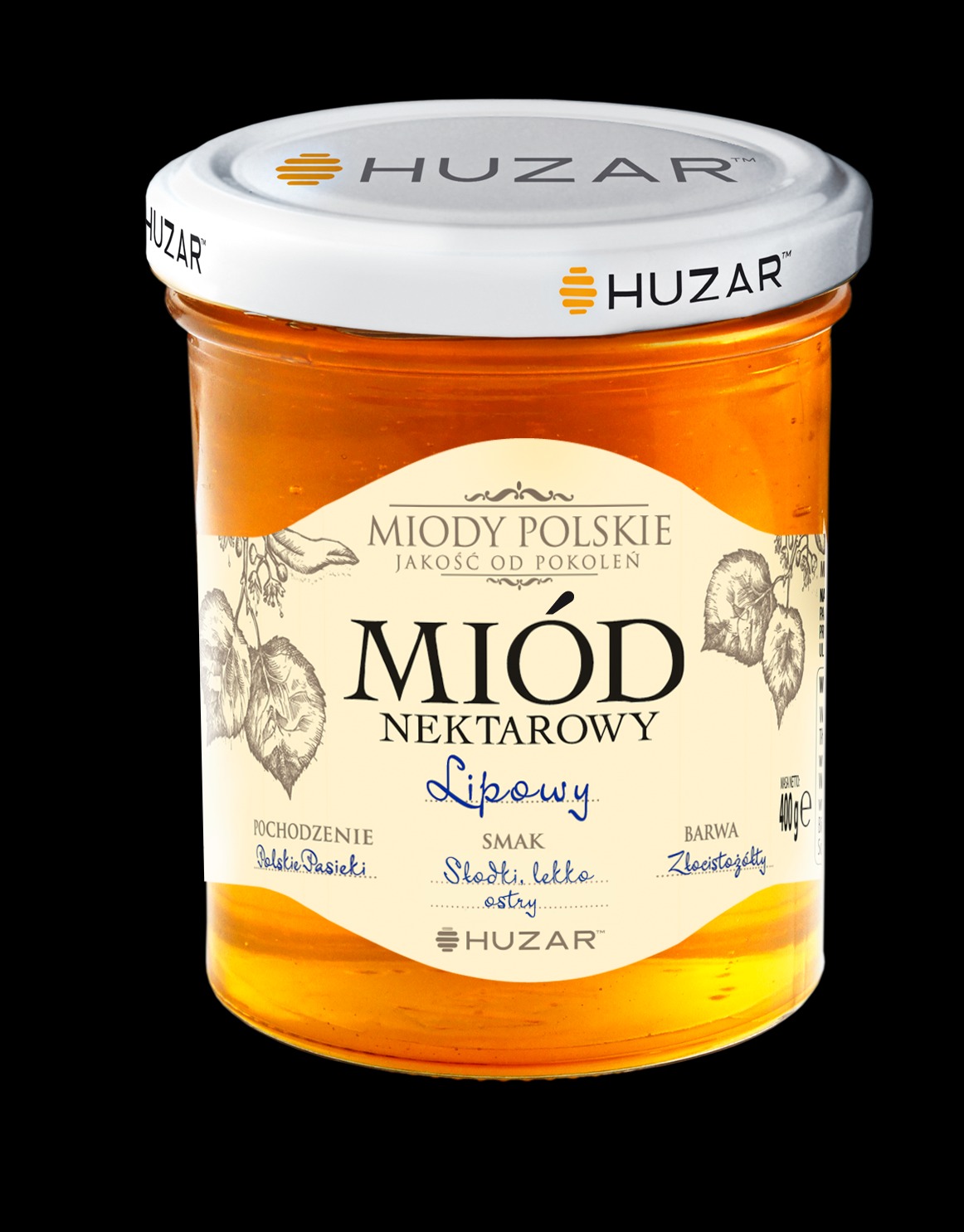 Słoik miodu lipowego marki Huzar z etykietą informującą o pochodzeniu z polskich pasiek, smaku słodkim, lekko ostrym i złocistożółtej barwie, na czarnym tle.