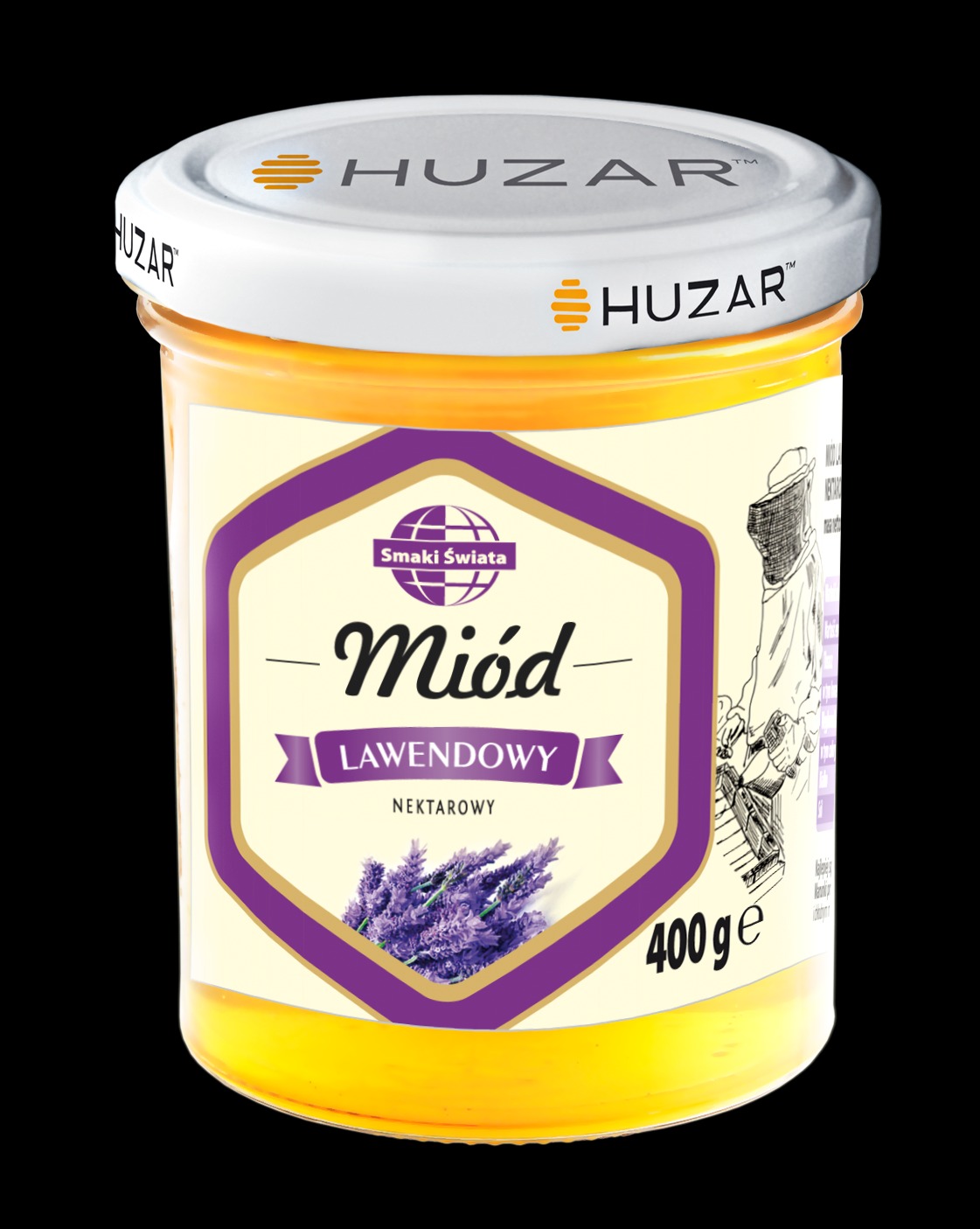 Słoik miodu lawendowego marki Huzar, z grafiką lawendy i szkicem pszczelarza, waga 400g.