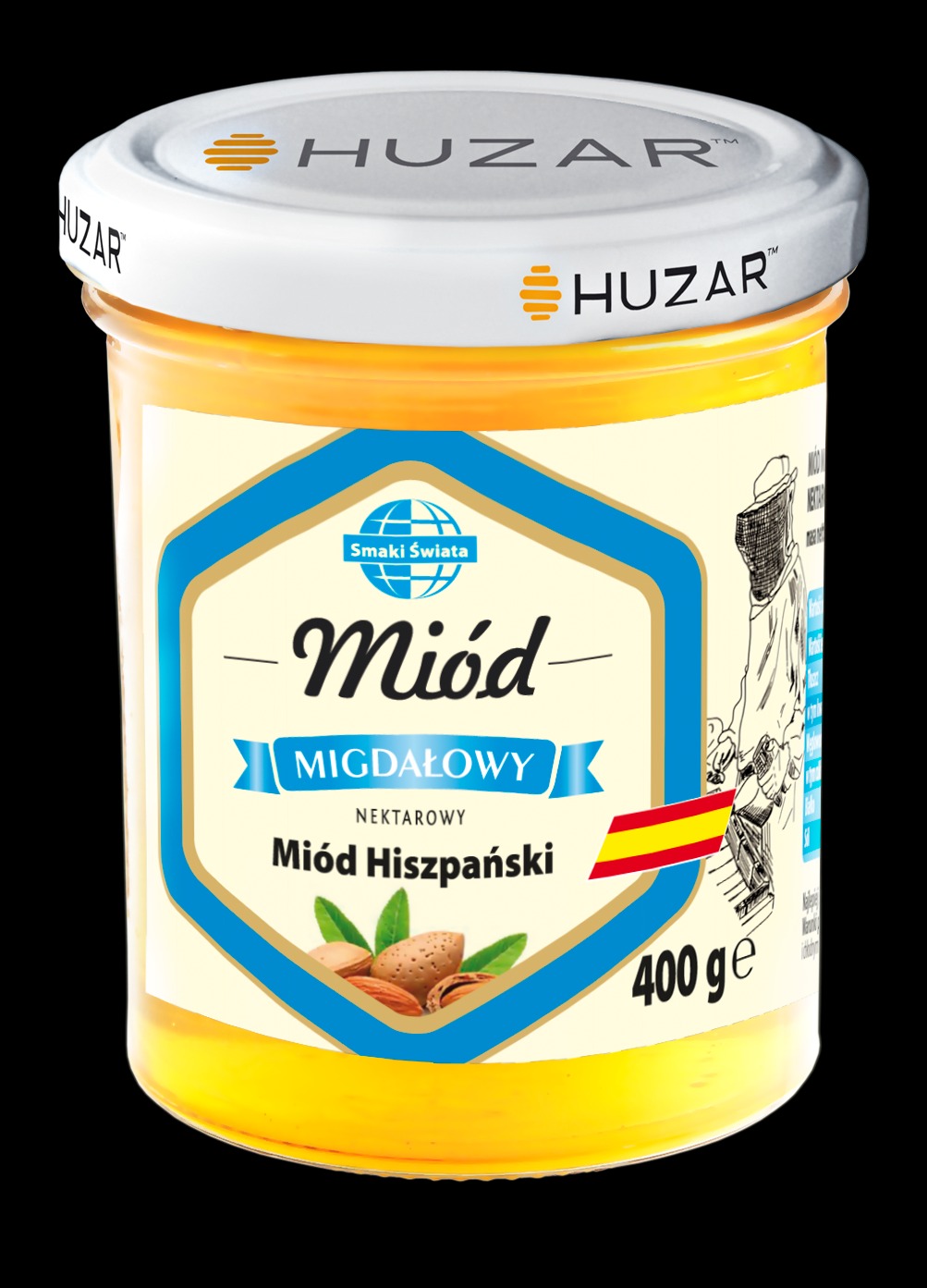 Słoik nektarowego miodu migdałowego hiszpańskiego marki Huzar, z grafiką pszczelarza i flagą Hiszpanii na etykiecie.
