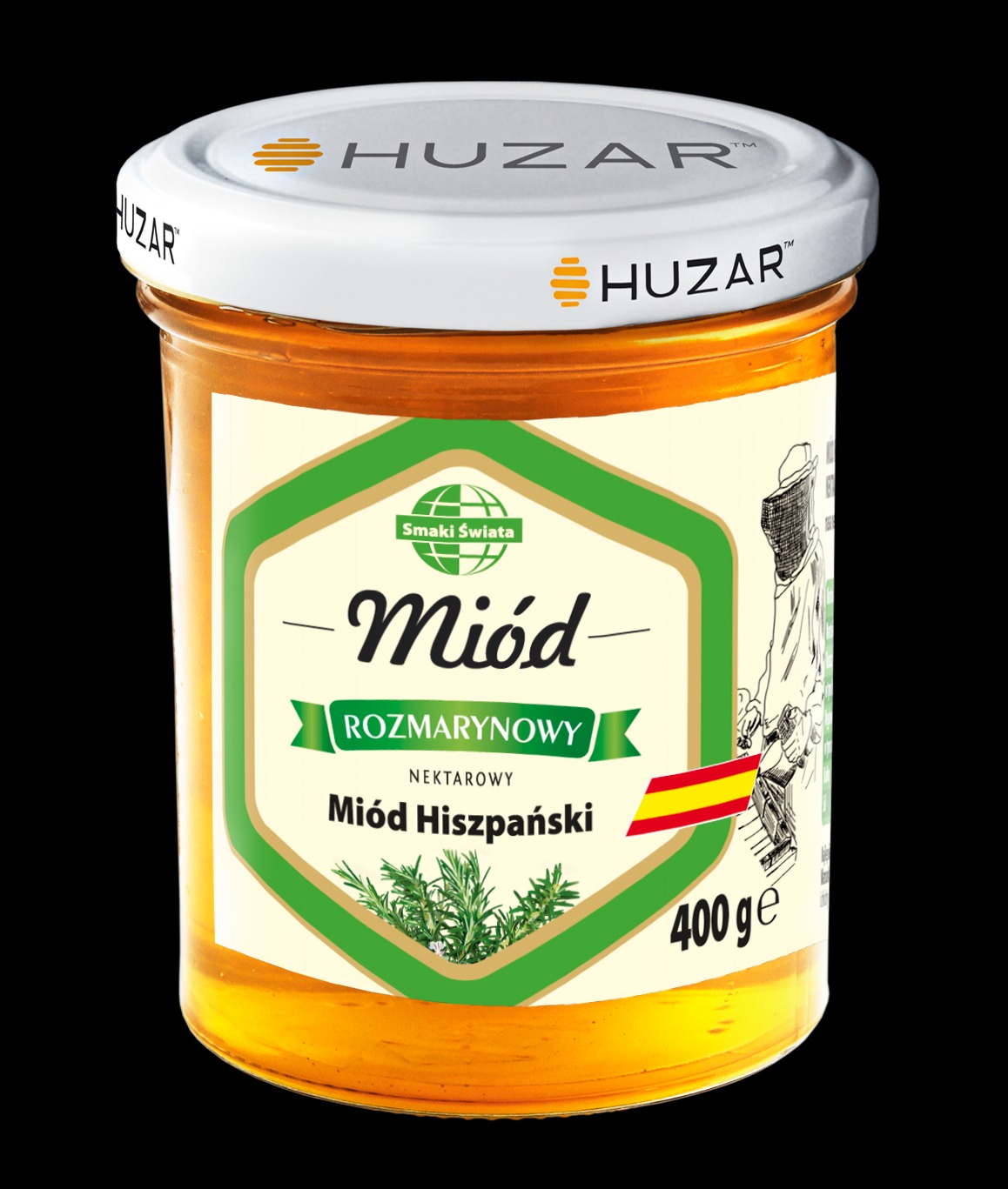 Słoik nektarowego miodu hiszpańskiego rozmarynowego marki Huzar, z grafiką pszczelarza w kombinezonie, na czarnym tle.