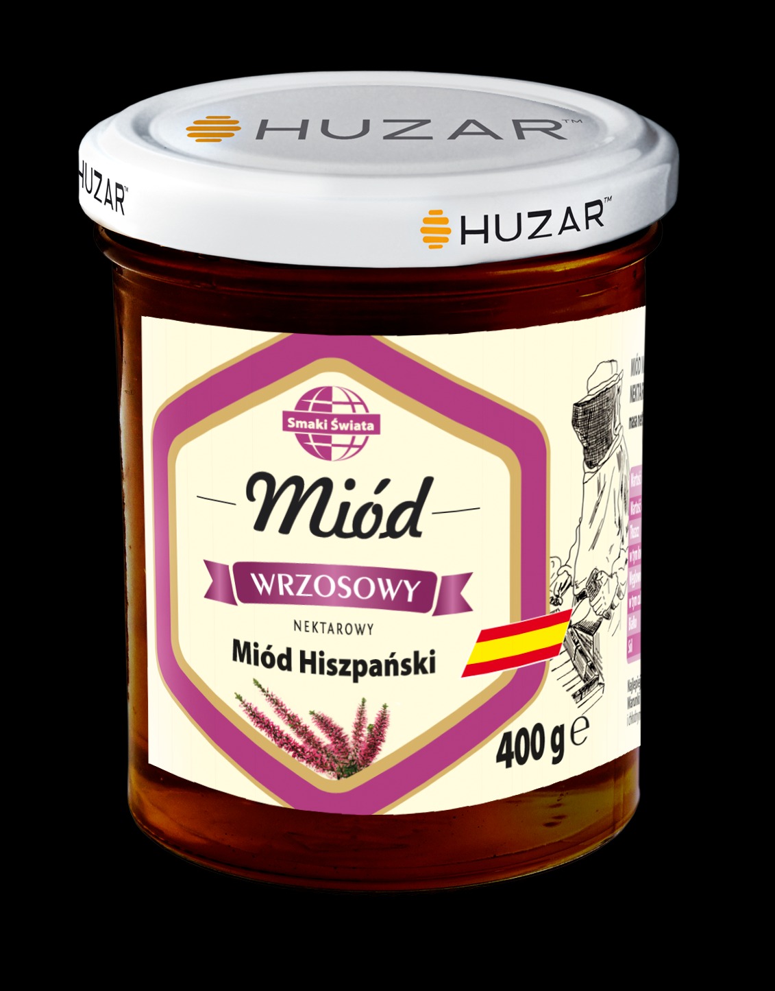 Słoik miodu wrzosowego hiszpańskiego marki Huzar, z widoczną etykietą, flagą hiszpańską i rysunkiem pszczelarza, na czarnym tle.
