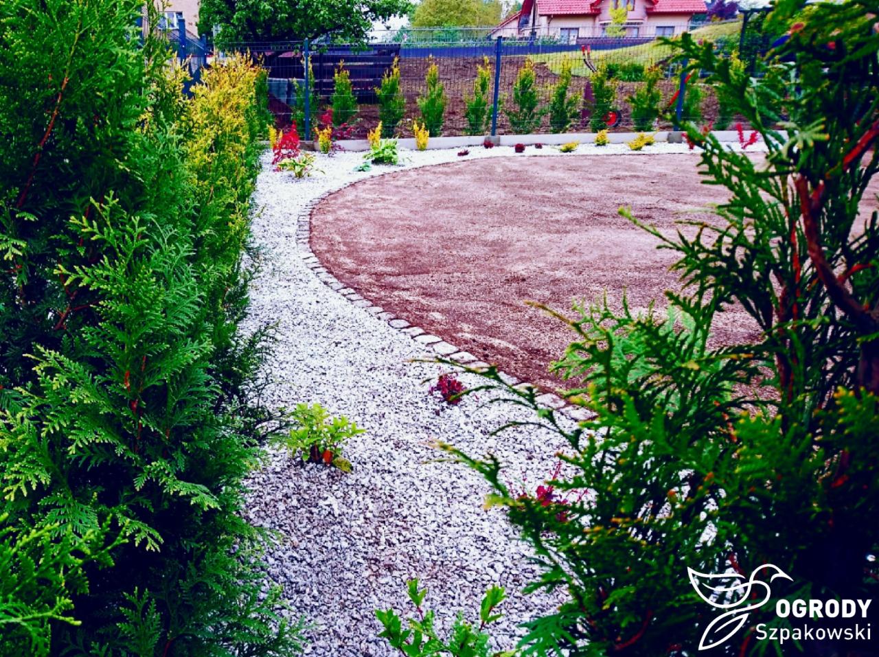 Widok na przygotowany teren pod trawnik, obrzeża z kostki, wysypany biały żwir i rząd posadzonych, młodych drzewek iglastych w ogrodzie.