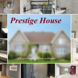 Kolaż zdjęć przedstawiających różne wykończone wnętrza domu, w tym łazienki z nowoczesną armaturą i glazurą, kuchnię z białymi szafkami oraz salon z kominkiem, na tle rozmytego zdjęcia domu...