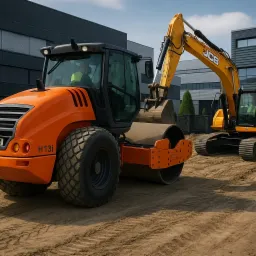 Pomarańczowy walec Hamm H13i i żółta koparka JCB na ubitym piasku. W tle nowoczesny budynek z szarymi panelami i zielone tuje.