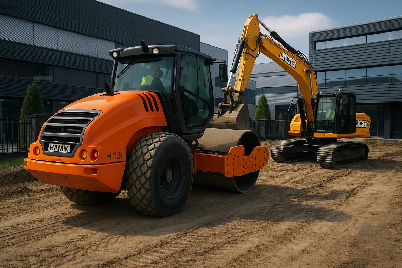 Pomarańczowy walec Hamm H13i i żółta koparka JCB na ubitym piasku. W tle nowoczesny budynek z szarymi panelami i zielone tuje.