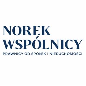 Logo firmy prawniczej NorekWspólnicy z napisem 'Prawnicy od spółek i nieruchomości' w kolorze granatowym na białym tle.