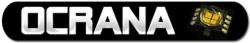 Logo firmy Ocrana z symbolem kuli ziemskiej i flag w tle, umieszczone na czarnym tle.
