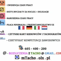Grafika informacyjna dotycząca rozliczeń czasu pracy kierowców, diet, naruszeń, płacy minimalnej, czytników kart kierowców i tachografów, certyfikatów kompetencji zawodowych, z podanym numerem...