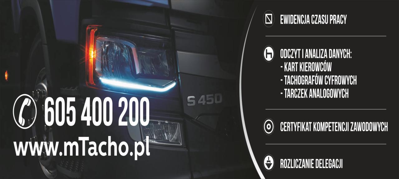 Reklama firmy oferującej usługi związane z tachografami i czasem pracy kierowców, widoczne dane kontaktowe i fragment ciężarówki S450.