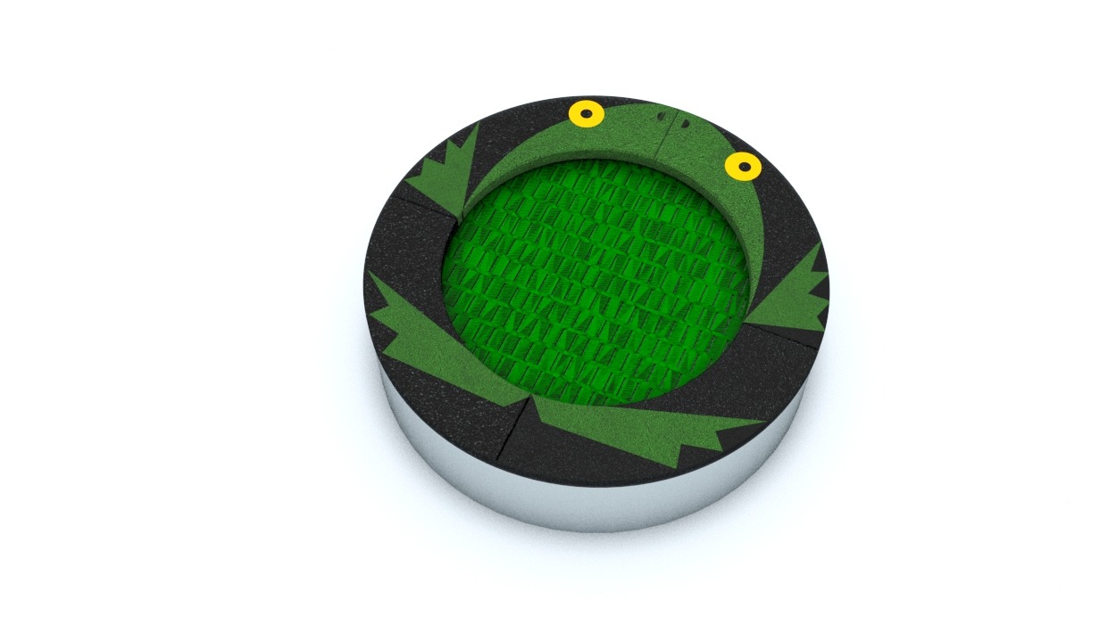 Okrągły element wyposażenia placu zabaw w kształcie paszczy krokodyla z zielonym wypełnieniem w środku, widok z góry na białym tle.