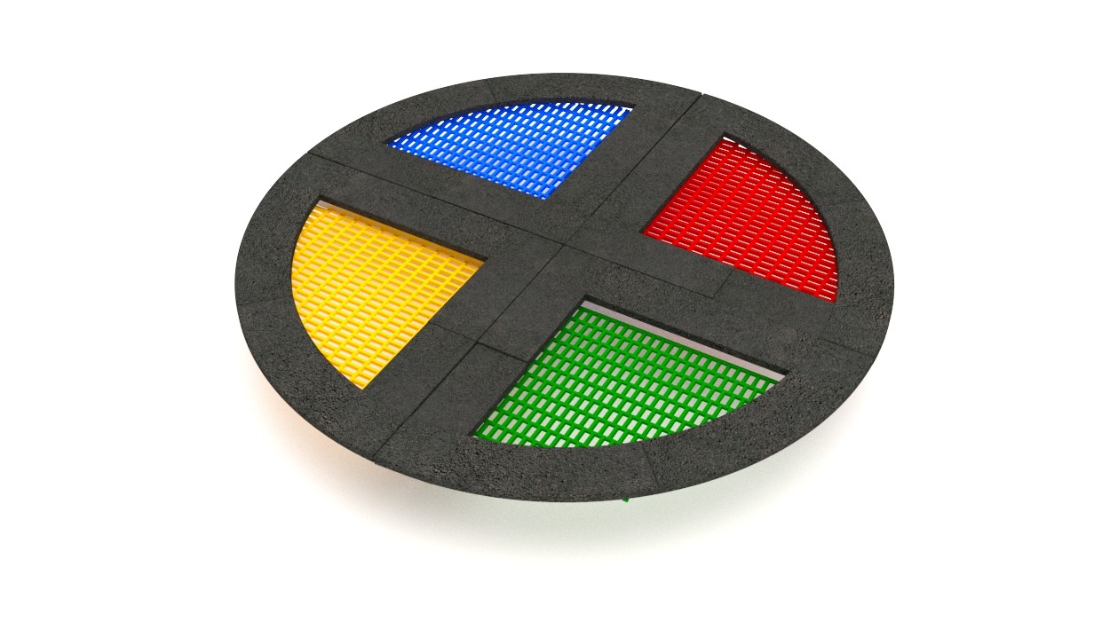 Okrągły element placu zabaw z czterema kolorowymi (niebieski, czerwony, zielony, żółty) sektorami z siatki, otoczony czarną gumową obwódką, możliwy do montażu w Ossowie.