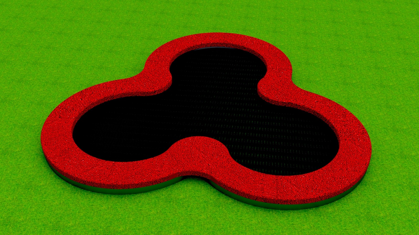 Czerwona, gumowa trampolina ziemna w kształcie trójlistnej koniczyny na zielonej powierzchni.