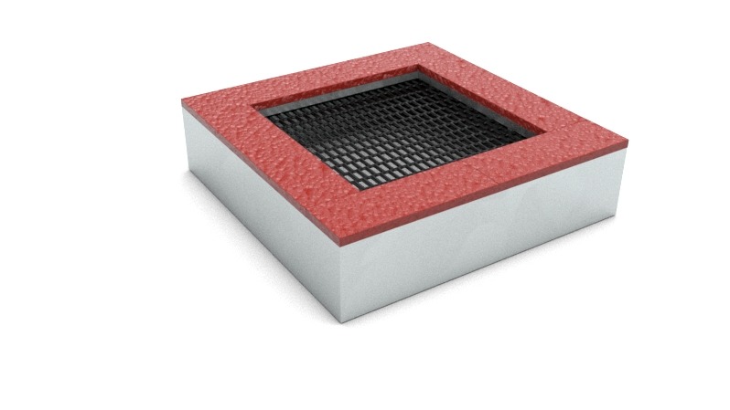 Kwadratowa trampolina ziemna z czerwoną obudową i czarną siatką, widok z niskiego kąta.