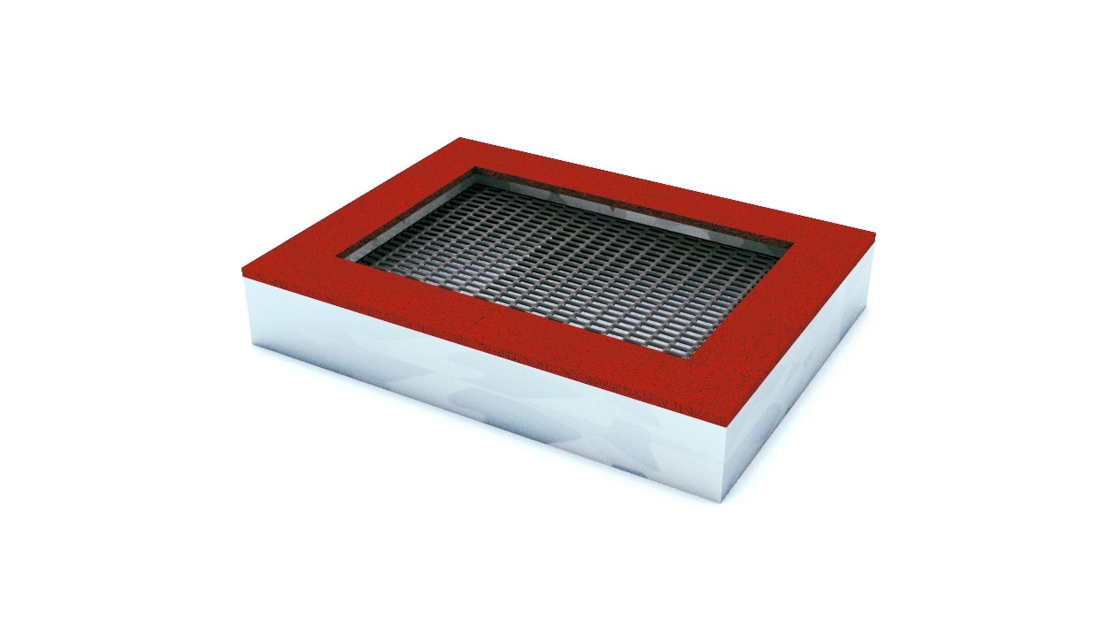 Trampolina ziemna z czerwoną obwódką i metalową siatką na białym tle.