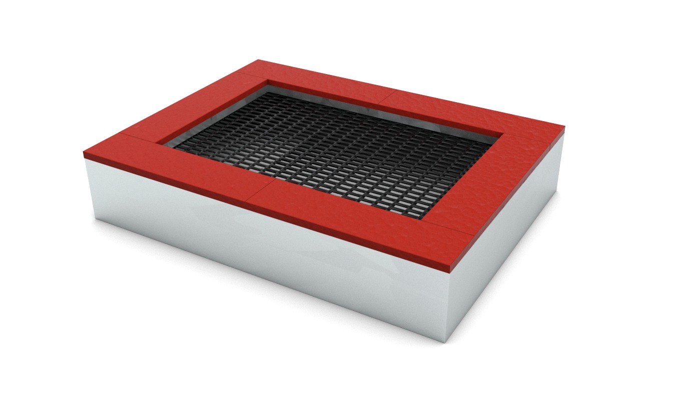 Wizualizacja prostokątnej trampoliny ziemnej z czerwonym obramowaniem i czarną siatką, umieszczonej na białym tle.