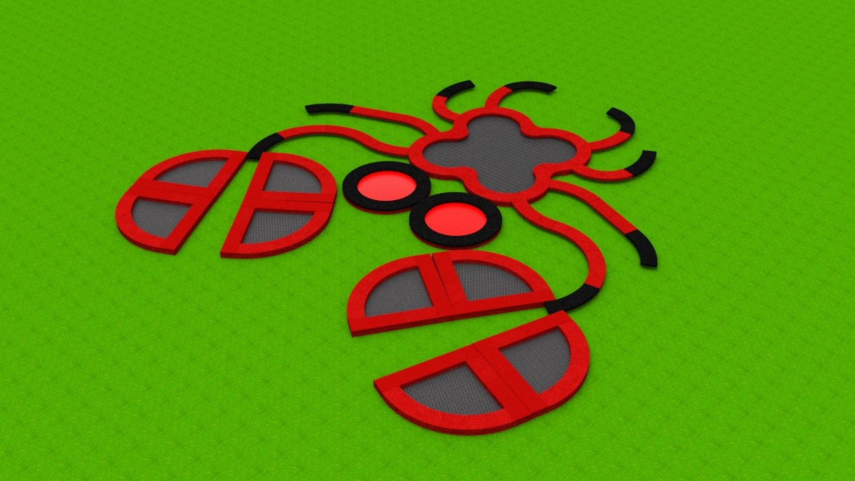 Stylizowany, trójwymiarowy model biedronki w kolorach czerwonym, czarnym i szarym, umieszczony na zielonym tle imitującym trawę, potencjalnie element dekoracyjny placu zabaw.