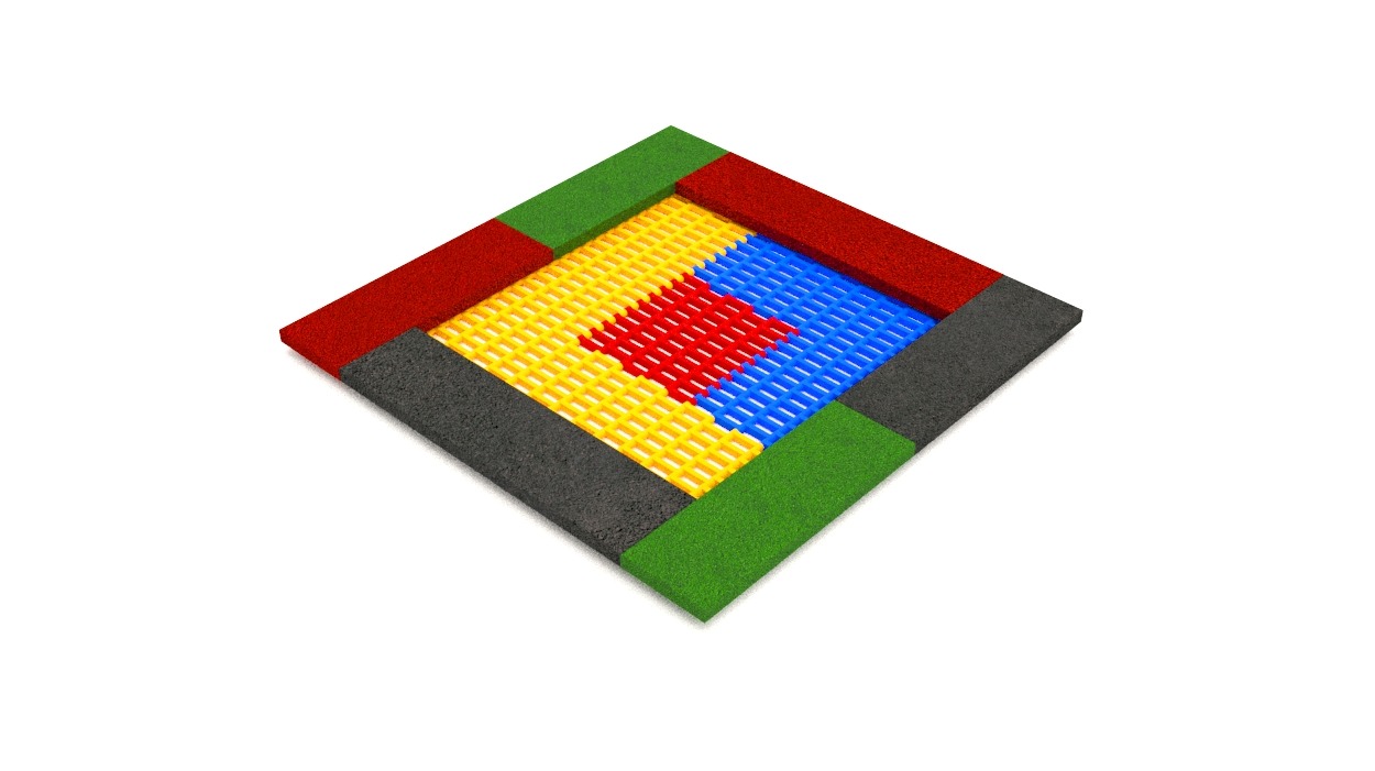 Kolorowa, modułowa nawierzchnia bezpieczna z kratką i obramowaniem z gumy w odcieniach czerwieni, zieleni i szarości, ułożona w kwadrat na białym tle.