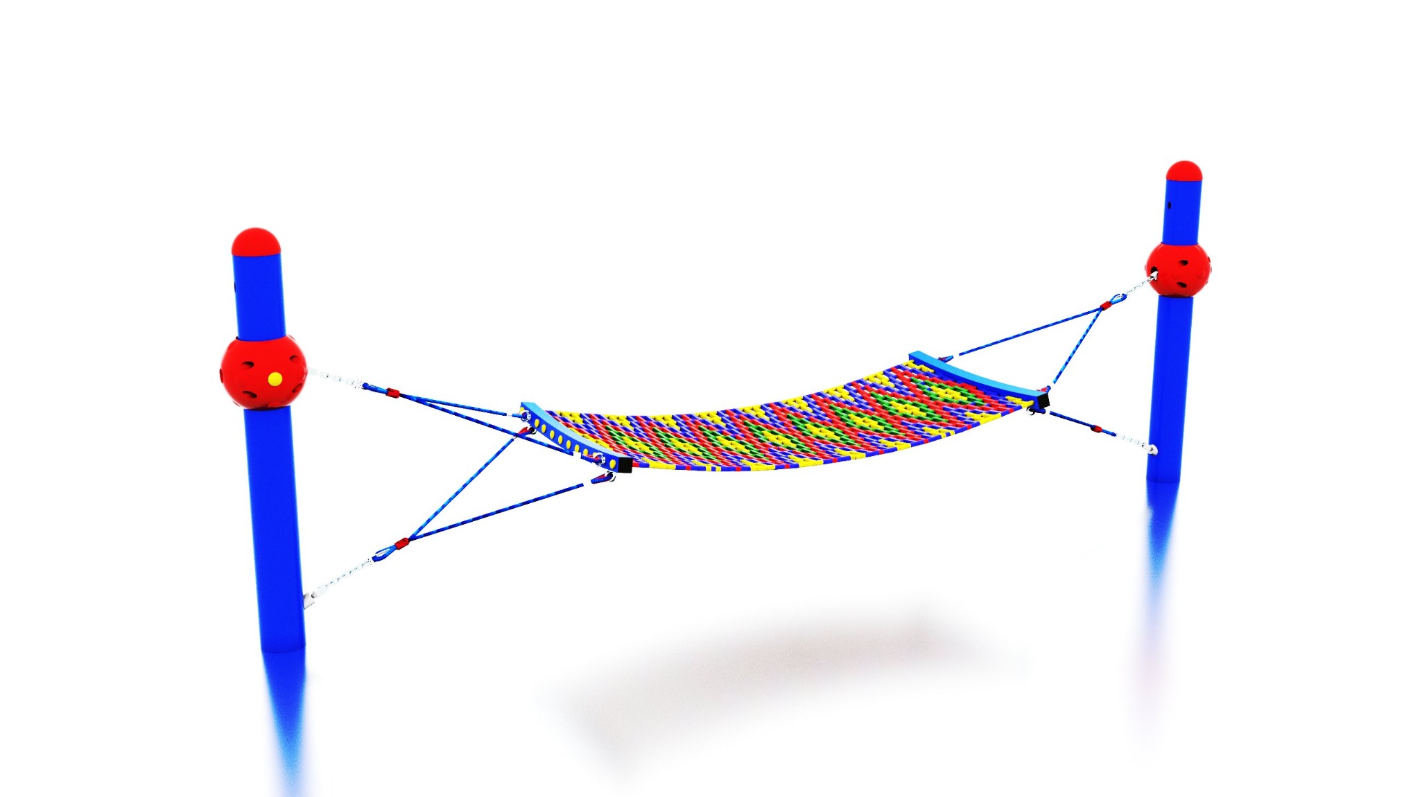 Kolorowa siatka do leżenia, element wyposażenia placu zabaw, zawieszona na dwóch niebieskich słupkach z czerwonymi elementami, na białym tle.