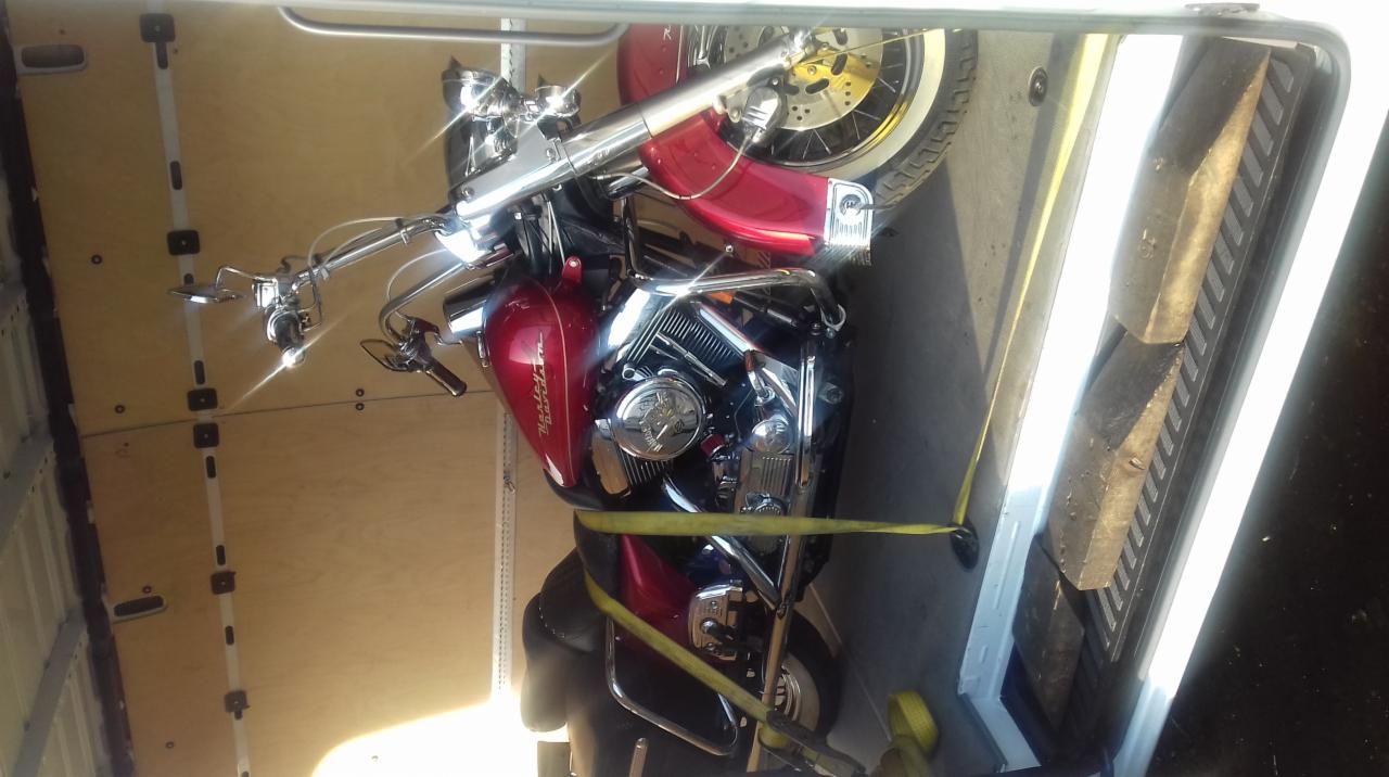 Czerwony motocykl Harley-Davidson zabezpieczony żółtymi pasami wewnątrz przestrzeni ładunkowej busa wyłożonej sklejką.