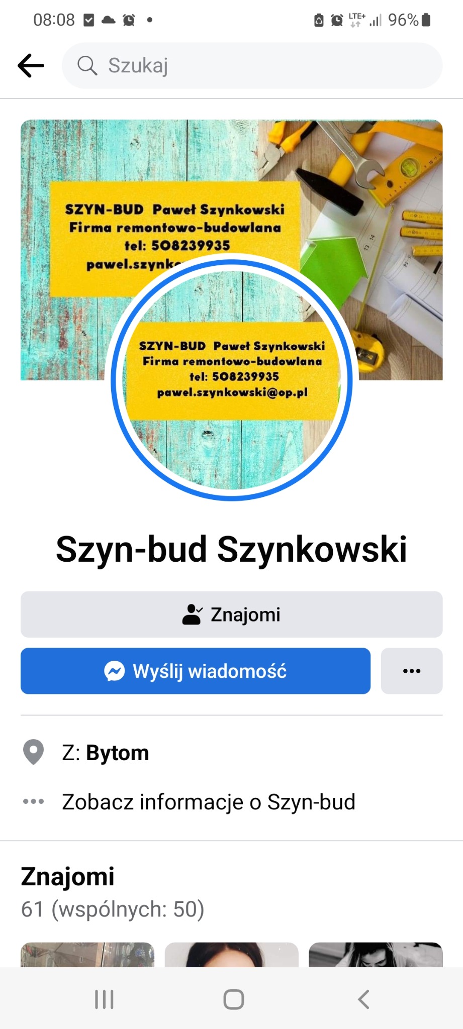 Profil firmy remontowo-budowlanej Szyn-Bud Szynkowski na Facebooku, z logo firmy na tle narzędzi budowlanych i desek pomalowanych na turkusowo.