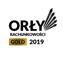 Czarny emblemat z napisem i złotą plakietką 'GOLD 2019'.