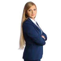 Portret kobiety w granatowym garniturze, białej koszuli, z długimi blond włosami, stojącej na białym tle z założonymi rękami.