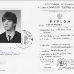 Skan dyplomu magistra inżyniera inżynierii środowiska, Politechnika Rzeszowska, rok ukończenia 1994, imię i nazwisko Wacław Warchoł, podpisany przez Dziekana i Rektora, pieczęć uczelni...