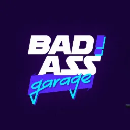 Graficzne przedstawienie napisu 'BAD ASS garage' w kolorach białym i turkusowym na fioletowym tle.