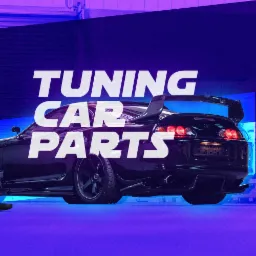 Czarny samochód sportowy z dużym spojlerem i napisem 'TUNING CAR PARTS' w futurystycznym, neonowym oświetleniu w Tarnobrzegu.