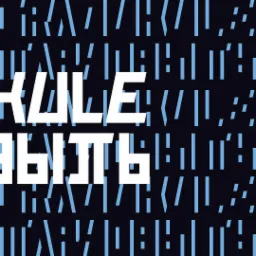 Abstrakcyjne tło z powtarzającymi się niebieskimi symbolami i białym tekstem o geometrycznym kroju pisma.