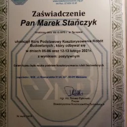 Skan zaświadczenia ukończenia kursu podstawowego kosztorysowania robót budowlanych dla Pana Marka Stańczyka, wydane przez Stowarzyszenie Kosztorysantów Budowlanych w Warszawie, z datą 16 lutego...
