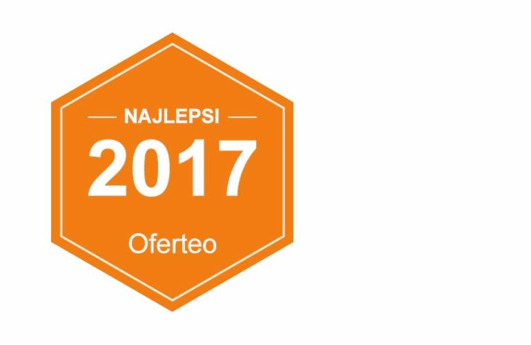 Pomarańczowy emblemat Oferteo 'Najlepsi 2017' na białym tle.