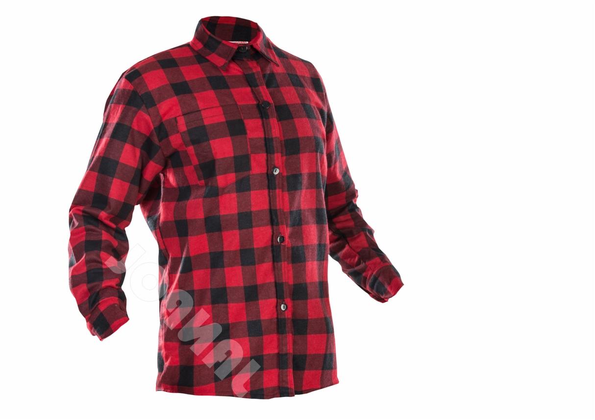 Czerwono-czarna koszula flanelowa w kratę, rozpięta na guziki, z długimi rękawami, sfotografowana na białym tle.