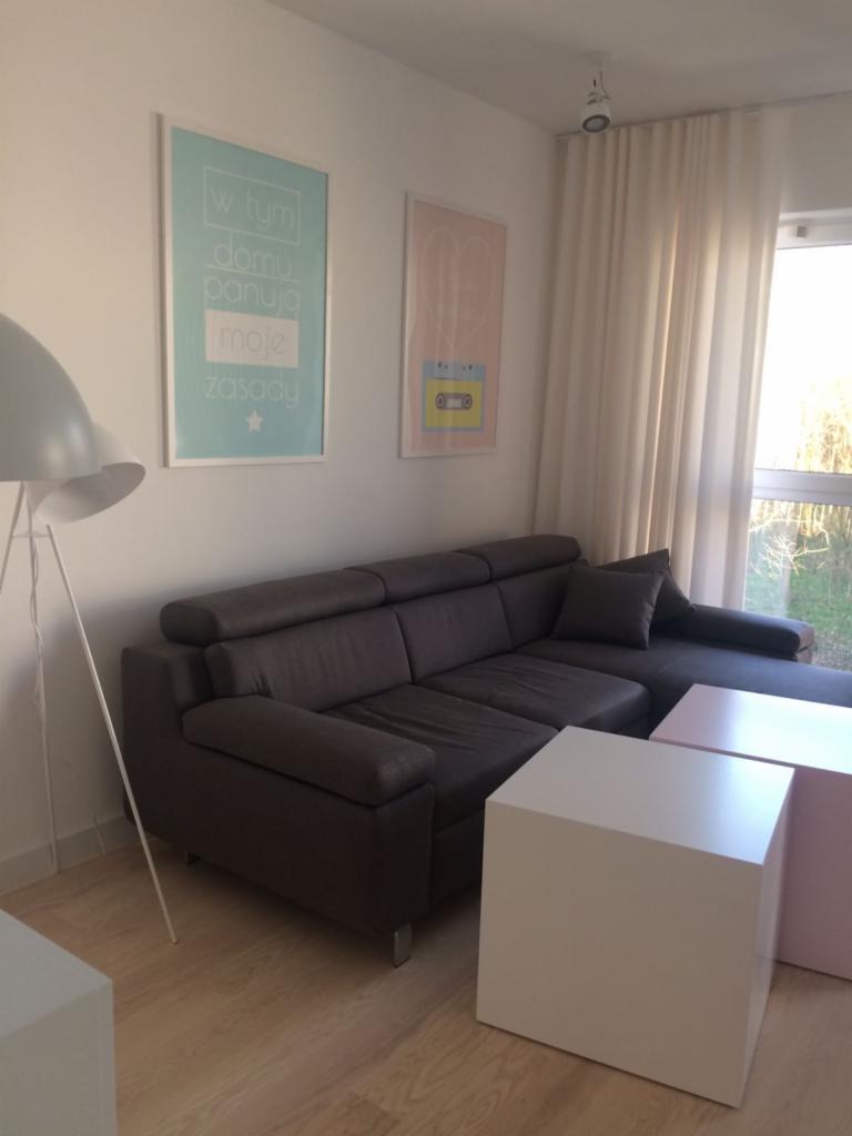 Szary narożnik z podniesionymi zagłówkami, dwa stoliki kawowe w kształcie sześcianów (biały i bladoróżowy), plakaty w białych ramach na ścianie, białe zasłony przy oknie, podłoga z paneli.