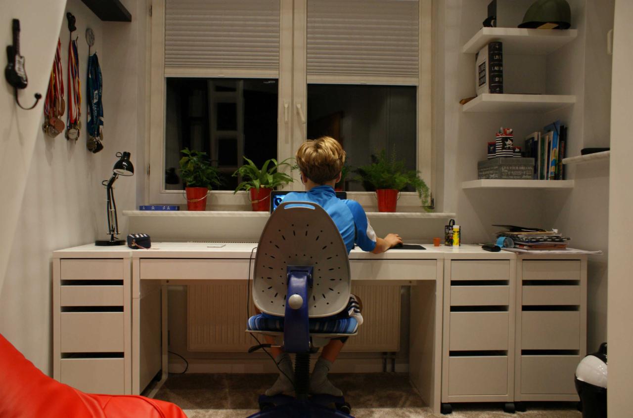 Chłopiec siedzi tyłem przy białym biurku z szufladami, na blacie lampka, rośliny w czerwonych doniczkach na parapecie, na ścianie półki z książkami i dekoracjami, obok czerwona pufa.
