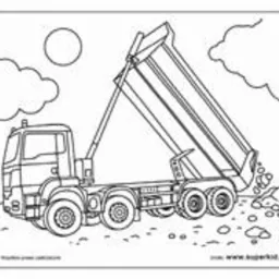 Czarno-biały rysunek ciężarówki z podniesioną skrzynią ładunkową wysypującej materiał sypki, prawdopodobnie w Górnie. Ilustracja przypomina kolorowankę.