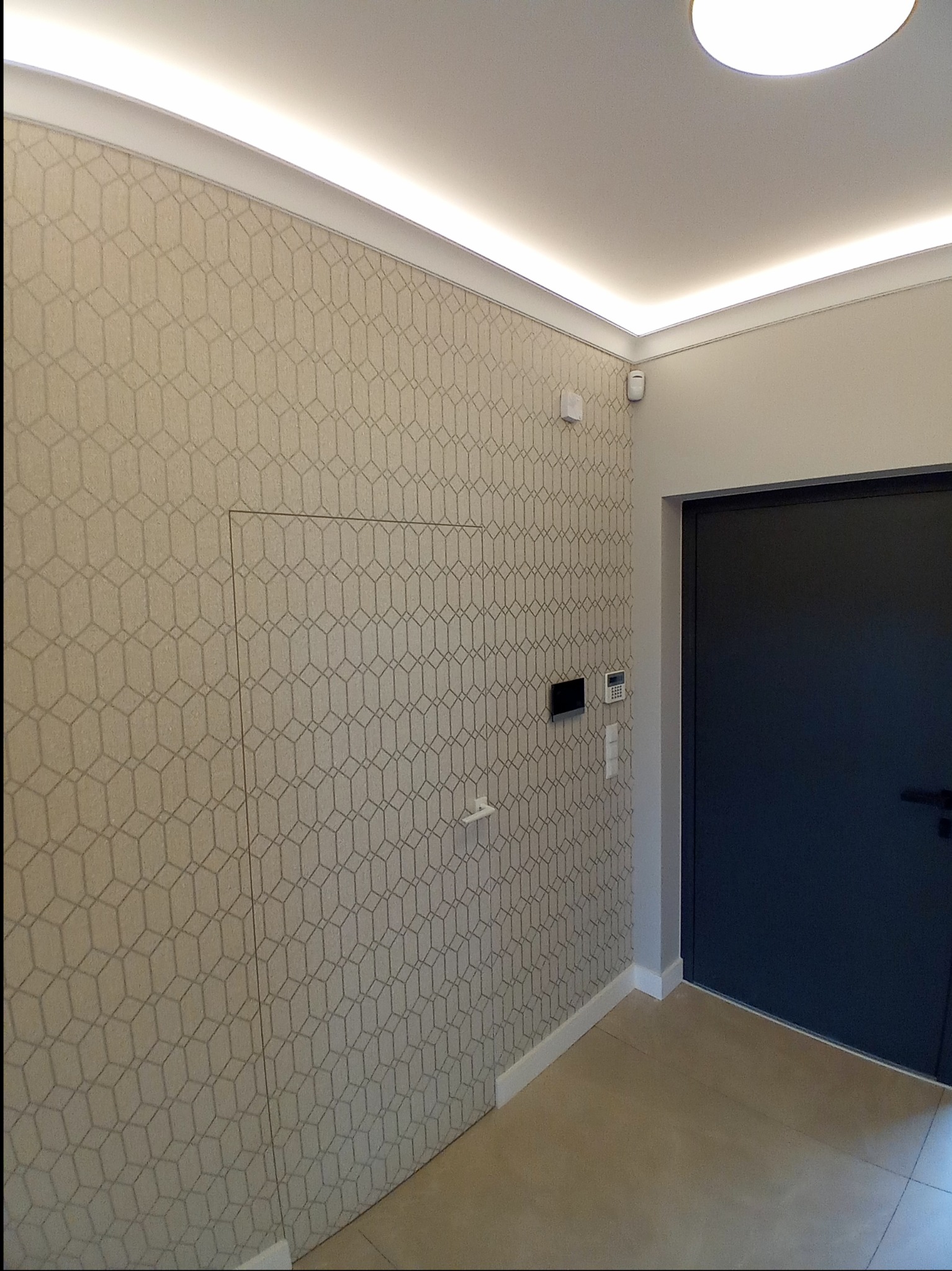 Wnętrze przedpokoju z tapetą w geometryczny wzór, ukrytymi drzwiami i listwami przypodłogowymi, oświetleniem LED przy suficie oraz ciemnymi drzwiami wejściowymi.