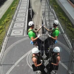Dwóch mężczyzn w kaskach i uprzężach, zawieszonych na linach, czyści szklaną fasadę wysokiego budynku, widoczne odbicie chodnika z wzorem i ulicy z samochodami.
