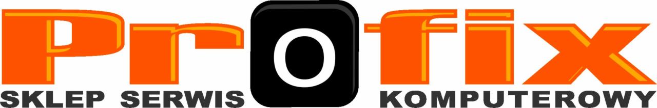 Pomarańczowo-czarne logo firmy komputerowej 'Profix' z napisem 'Sklep Serwis Komputerowy' poniżej.