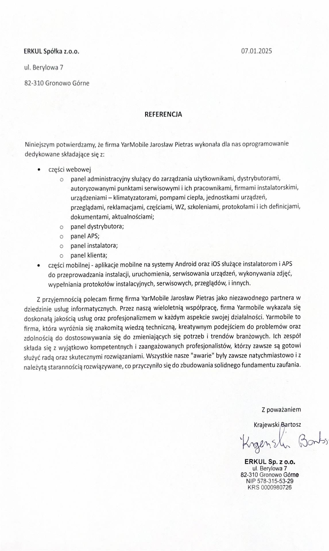Referencje dla firmy YarMobile z Gdańska za oprogramowanie dedykowane, w tym panele webowe i aplikacje mobilne dla instalatorów i APS.