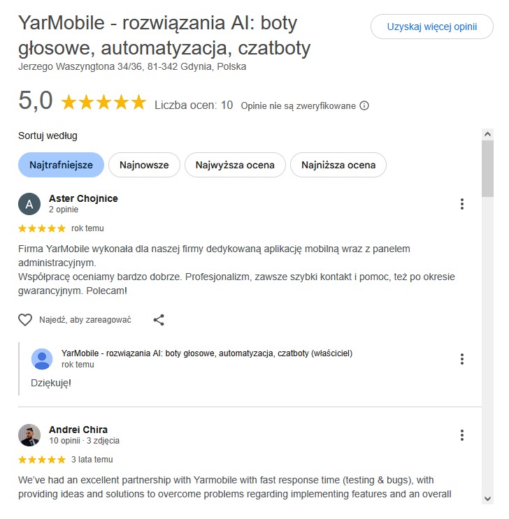Zrzut ekranu z opiniami klientów o YarMobile, firmie oferującej rozwiązania AI, boty głosowe i automatyzację. Widoczne oceny 5.0 i pozytywne recenzje.