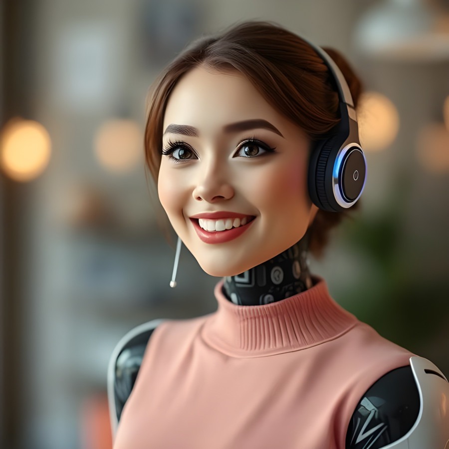 Uśmiechnięta kobieta-robot z słuchawkami na uszach, w pastelowej bluzce, z widocznym fragmentem mechanicznej szyi i ramion, na rozmytym tle wnętrza.