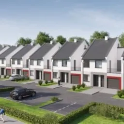 Wizualizacja osiedla domów szeregowych z szarymi dachami i białymi elewacjami, z widocznymi podjazdami, samochodami i zielenią.