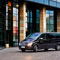 Czarny van Mercedes-Benz Viano z przyciemnianymi szybami zaparkowany przed nowoczesnym budynkiem biurowym z szklaną fasadą i kamiennymi kolumnami.