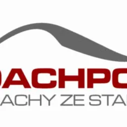 Logo firmy DACHPOL z szarą, stylizowaną linią dachu i napisem 'DACHPOL DACHY ZE STALI' w kolorze czerwonym i szarym.
