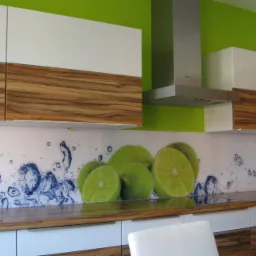 Nowoczesna kuchnia z białymi i drewnianymi szafkami, zieloną ścianą i panelem szklanym z motywem limonek i bąbelków.