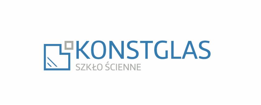 Logo firmy Konstglas, specjalizującej się w szkle ściennym. Logo w kolorze niebieskim i szarym, przedstawia stylizowaną szybę i napis 'KONSTGLAS SZKŁO ŚCIENNE'.