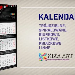 Trójdzielny kalendarz ścienny z logo firmy instalacyjnej, prezentujący narzędzia hydrauliczne na górnej grafice i trzy miesiące (grudzień 2018, styczeń i luty 2019) na kolejnych kartach, obok...